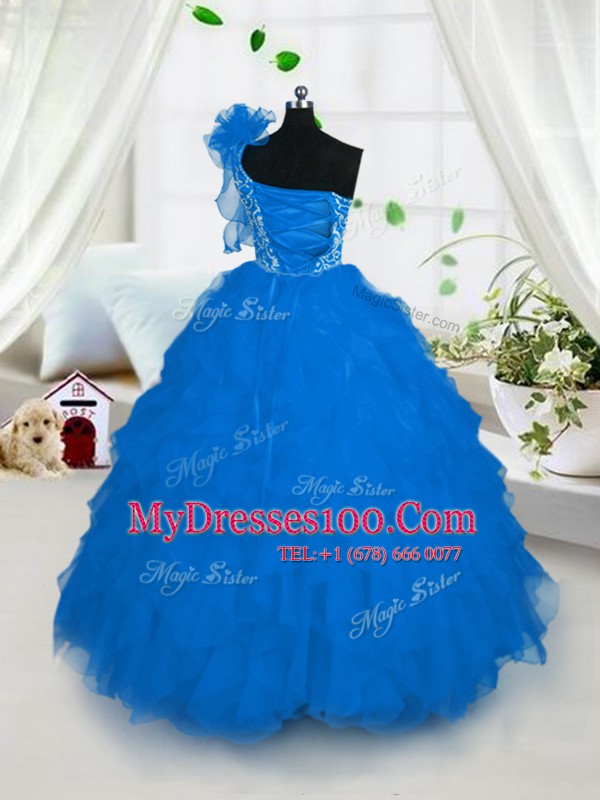 One Shoulder Aqua Blue Sleeveless Floor Length Embroidery and Ruffles Lace Up Little Girl Pageant Gowns