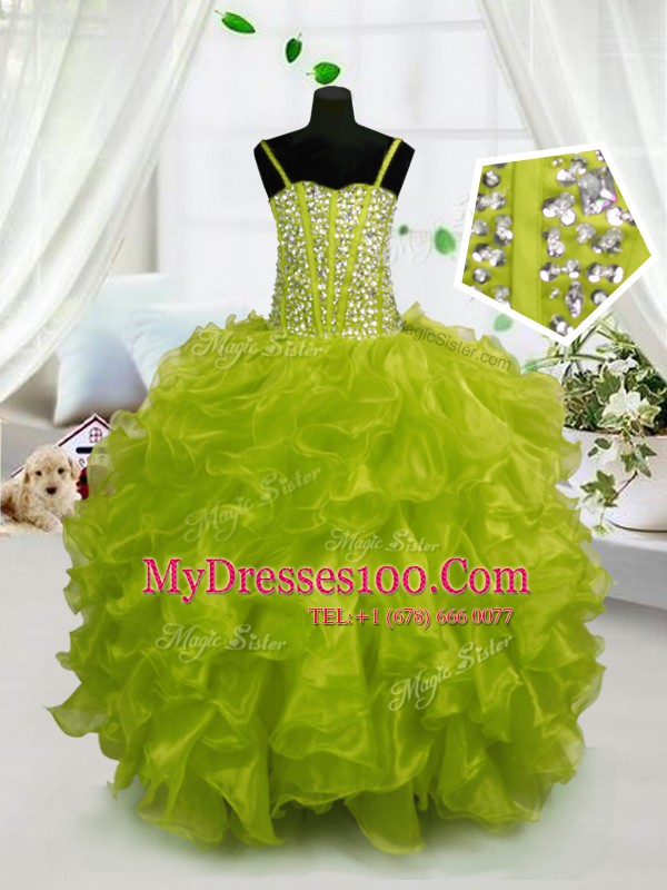 Yellow Green Spaghetti Straps Neckline Beading and Ruffles Little Girls Pageant Gowns Sleeveless Lace Up