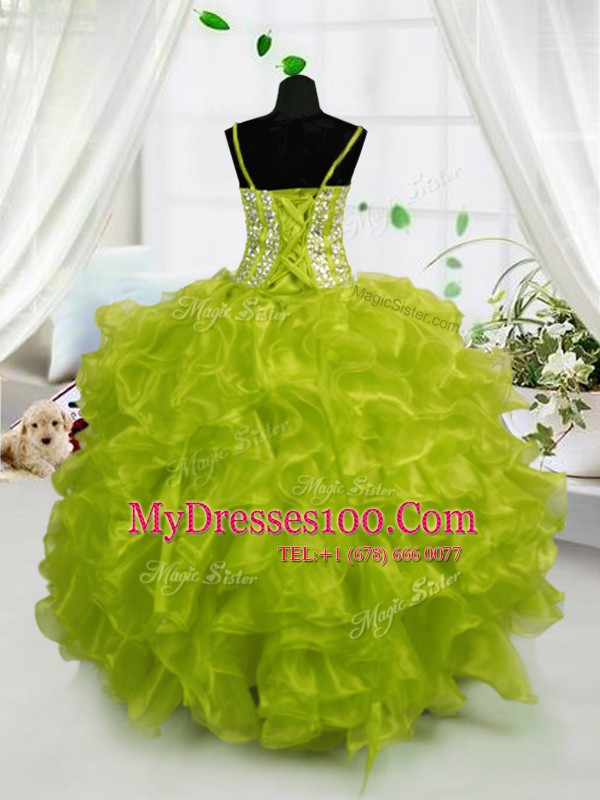 Yellow Green Spaghetti Straps Neckline Beading and Ruffles Little Girls Pageant Gowns Sleeveless Lace Up