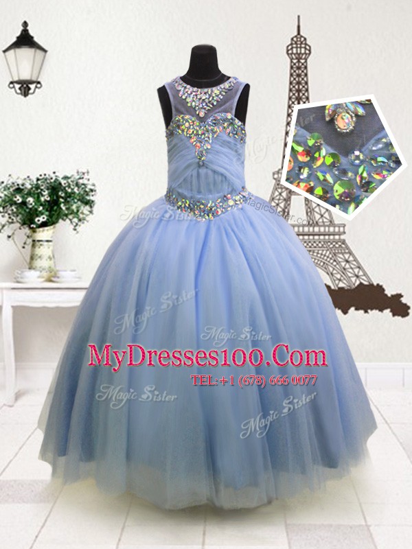 Light Blue Scoop Zipper Beading and Ruffles Little Girl Pageant Gowns Sleeveless