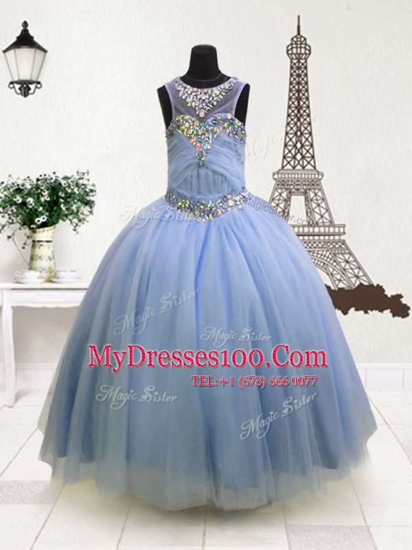 Light Blue Scoop Zipper Beading and Ruffles Little Girl Pageant Gowns Sleeveless