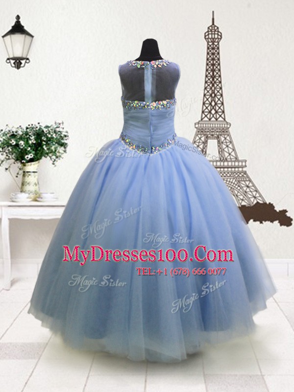 Light Blue Scoop Zipper Beading and Ruffles Little Girl Pageant Gowns Sleeveless