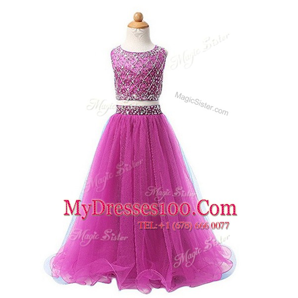 Scoop Fuchsia Zipper Toddler Flower Girl Dress Beading Sleeveless Floor Length