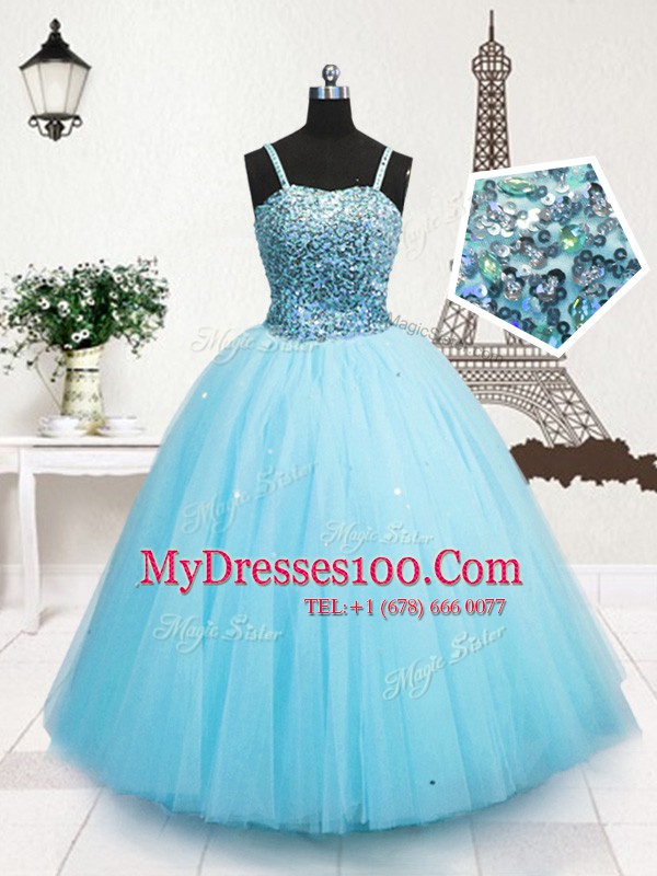 Stunning Sequins Spaghetti Straps Sleeveless Zipper Kids Formal Wear Turquoise Tulle