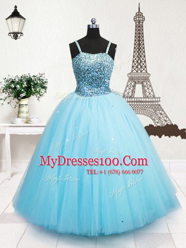 Stunning Sequins Spaghetti Straps Sleeveless Zipper Kids Formal Wear Turquoise Tulle