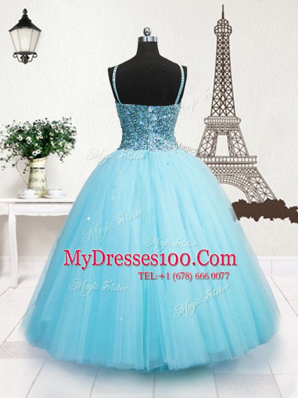 Stunning Sequins Spaghetti Straps Sleeveless Zipper Kids Formal Wear Turquoise Tulle
