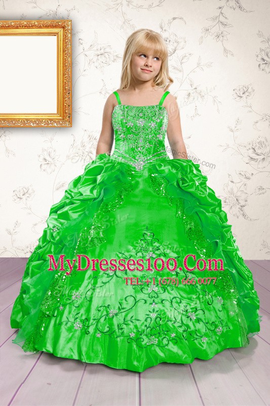 Spaghetti Straps Sleeveless Pageant Gowns For Girls Floor Length Beading and Appliques and Pick Ups Satin