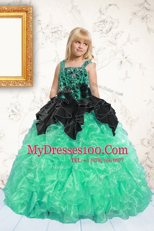 Apple Green Ball Gowns Straps Sleeveless Organza Floor Length Lace Up Beading and Pick Ups Little Girls Pageant Dress