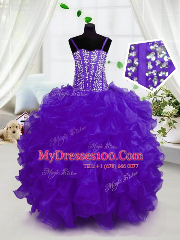 Popular Sleeveless Floor Length Beading and Ruffles Lace Up Flower Girl Dresses for Less with Purple
