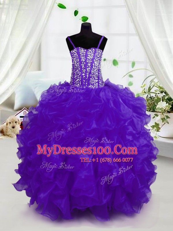 Popular Sleeveless Floor Length Beading and Ruffles Lace Up Flower Girl Dresses for Less with Purple