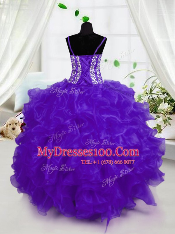 Popular Sleeveless Floor Length Beading and Ruffles Lace Up Flower Girl Dresses for Less with Purple