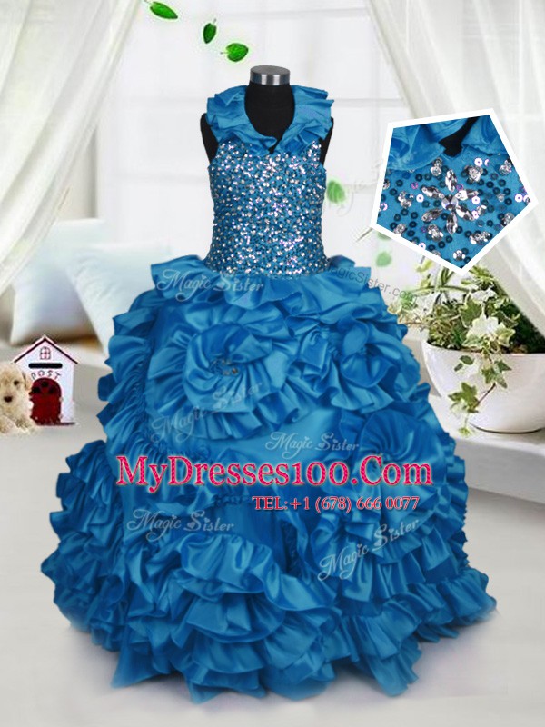 Halter Top Sleeveless Zipper Kids Formal Wear Teal Taffeta