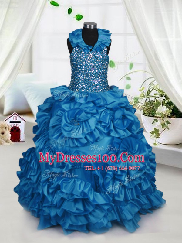 Halter Top Sleeveless Zipper Kids Formal Wear Teal Taffeta