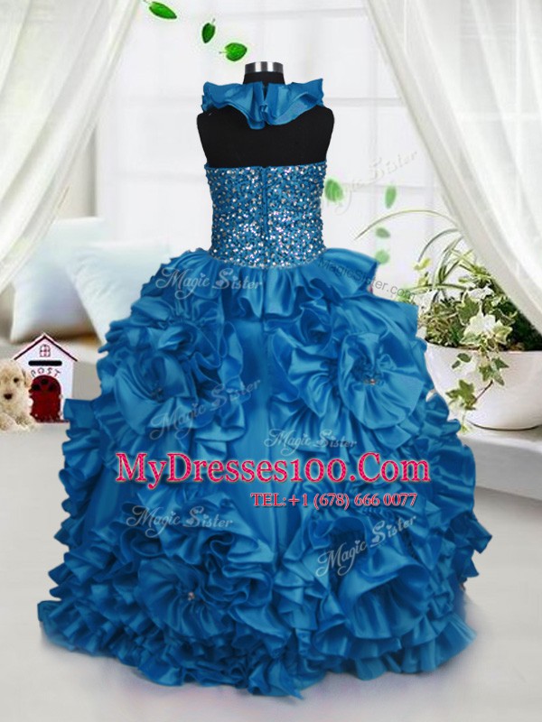 Halter Top Sleeveless Zipper Kids Formal Wear Teal Taffeta