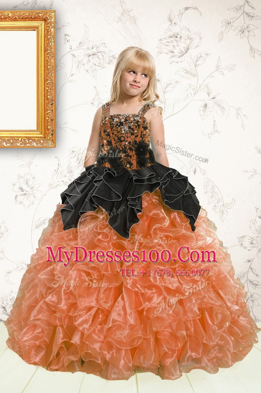 Pick Ups Orange Sleeveless Organza Lace Up Flower Girl Dress for Party and Wedding Party