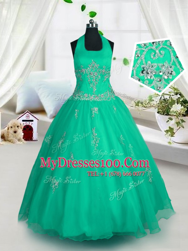 Green A-line Tulle Halter Top Sleeveless Appliques Floor Length Lace Up Flower Girl Dresses