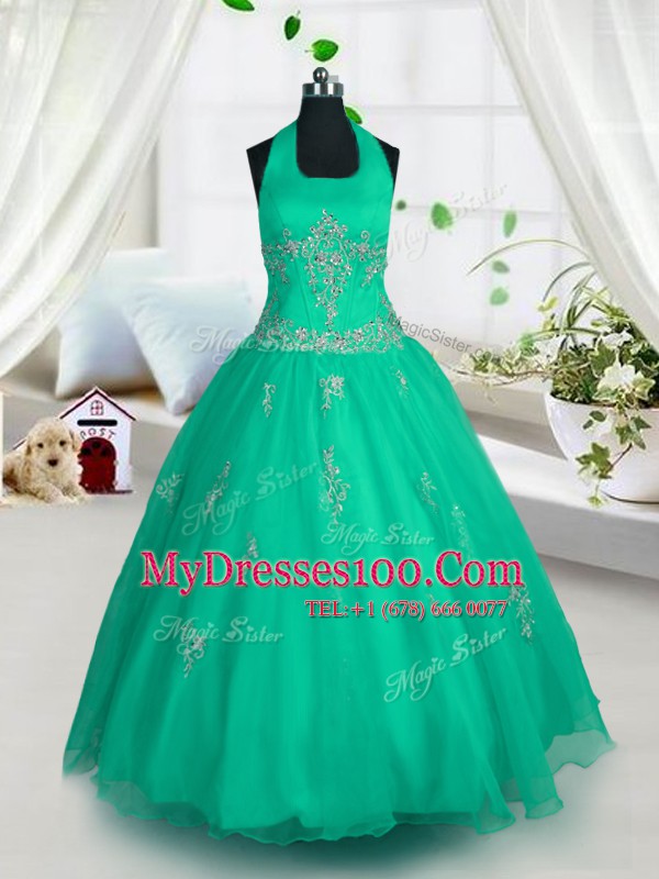 Green A-line Tulle Halter Top Sleeveless Appliques Floor Length Lace Up Flower Girl Dresses