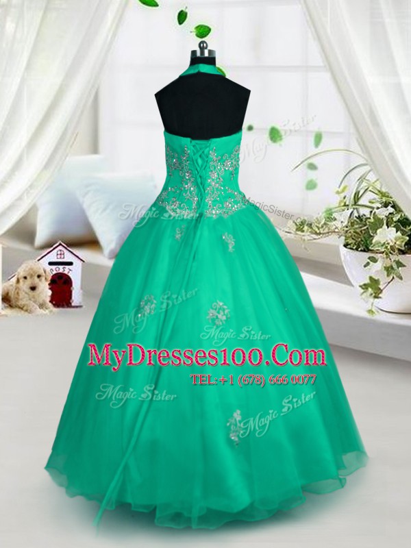 Green A-line Tulle Halter Top Sleeveless Appliques Floor Length Lace Up Flower Girl Dresses