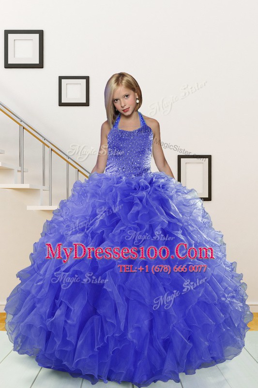 Custom Made Blue Ball Gowns Halter Top Sleeveless Organza Floor Length Lace Up Beading and Ruffles Flower Girl Dresses for Less