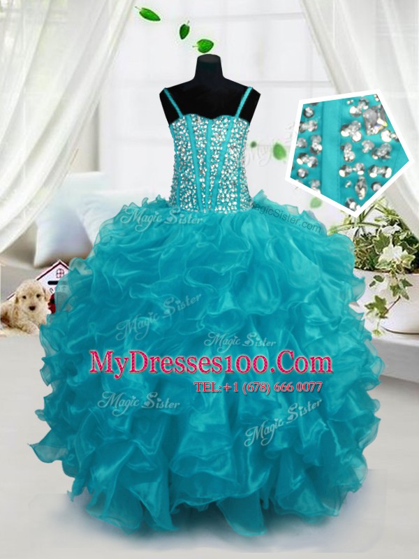 Aqua Blue Spaghetti Straps Lace Up Beading and Ruffles Kids Pageant Dress Sleeveless