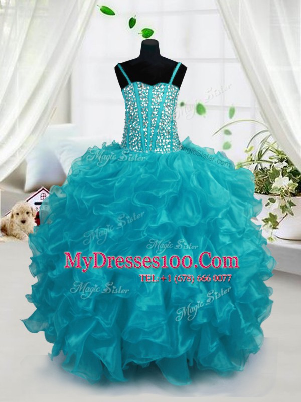Aqua Blue Spaghetti Straps Lace Up Beading and Ruffles Kids Pageant Dress Sleeveless
