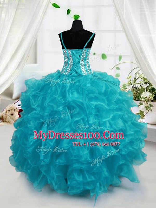 Aqua Blue Spaghetti Straps Lace Up Beading and Ruffles Kids Pageant Dress Sleeveless