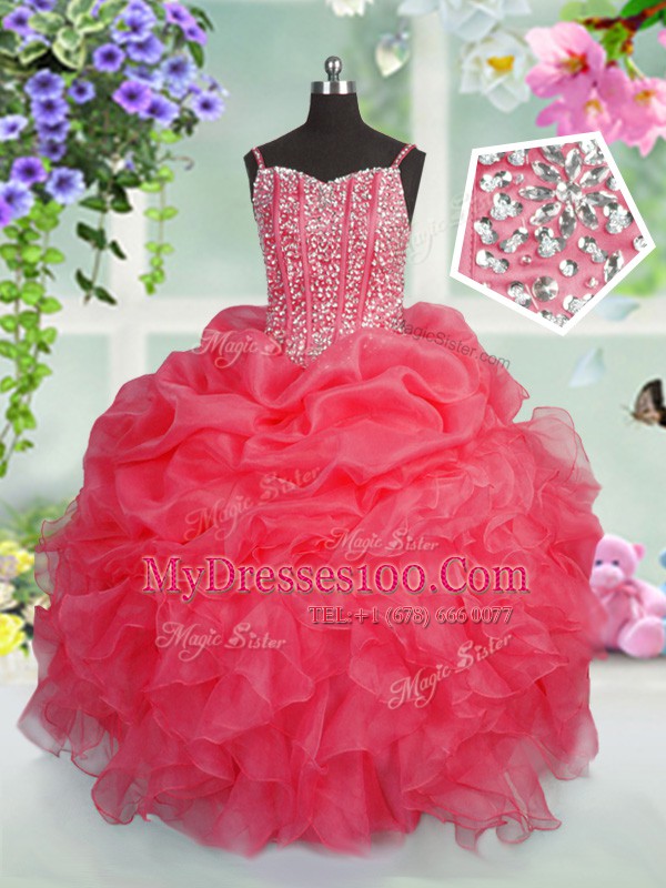 Fine Rose Pink Sleeveless Floor Length Beading and Ruffles and Pick Ups Lace Up Little Girls Pageant Dress Wholesale