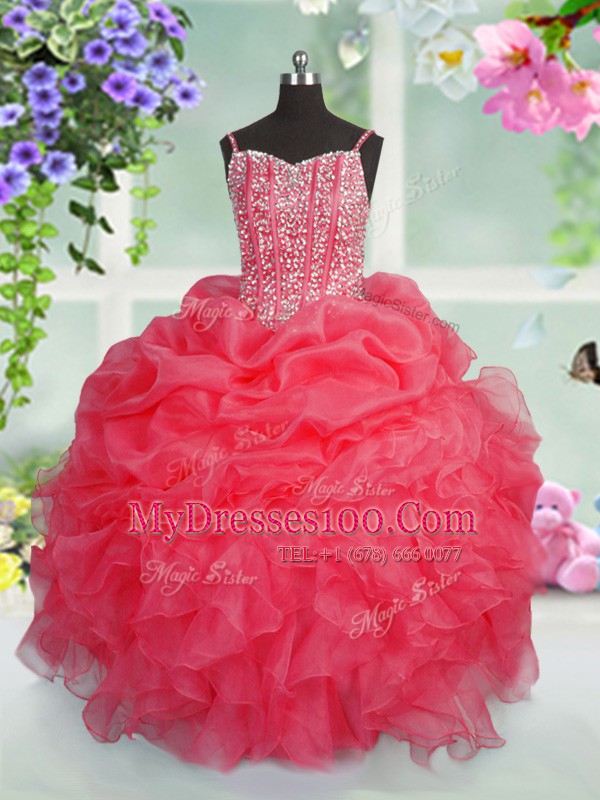 Fine Rose Pink Sleeveless Floor Length Beading and Ruffles and Pick Ups Lace Up Little Girls Pageant Dress Wholesale