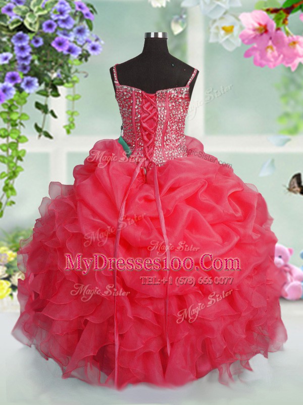 Fine Rose Pink Sleeveless Floor Length Beading and Ruffles and Pick Ups Lace Up Little Girls Pageant Dress Wholesale