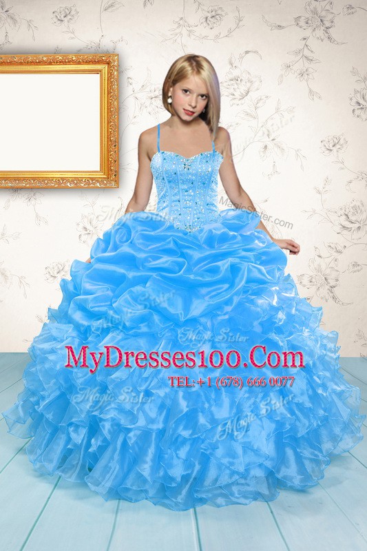 Pick Ups Ball Gowns Pageant Gowns For Girls Baby Blue Spaghetti Straps Organza Sleeveless Floor Length Lace Up