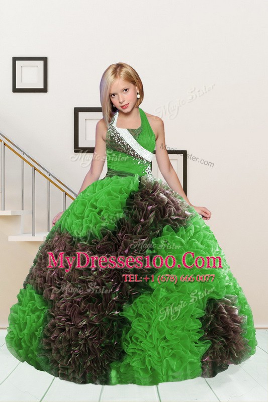 Halter Top Apple Green and Chocolate Sleeveless Floor Length Beading and Ruffles Lace Up Pageant Gowns For Girls