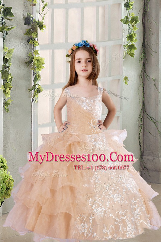 Low Price Champagne Square Neckline Lace and Ruffled Layers Little Girls Pageant Dress Wholesale Sleeveless Zipper