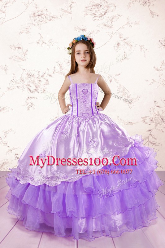 Best Selling Lavender Ball Gowns Organza Spaghetti Straps Sleeveless Embroidery and Ruffled Layers Floor Length Lace Up Kids Formal Wear