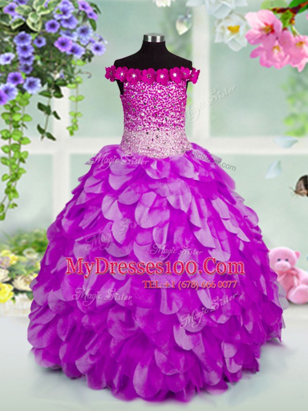 Unique Floor Length Lavender Pageant Gowns For Girls Off The Shoulder Sleeveless Lace Up