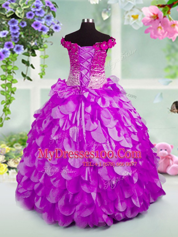 Unique Floor Length Lavender Pageant Gowns For Girls Off The Shoulder Sleeveless Lace Up