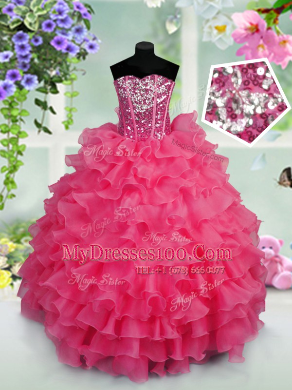Fabulous Hot Pink Sweetheart Lace Up Ruffled Layers and Sequins Girls Pageant Dresses Sleeveless