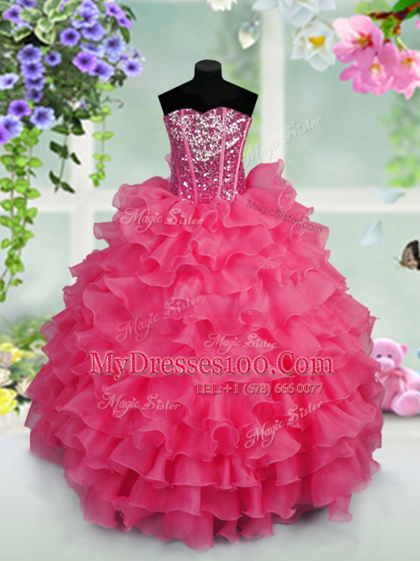 Fabulous Hot Pink Sweetheart Lace Up Ruffled Layers and Sequins Girls Pageant Dresses Sleeveless