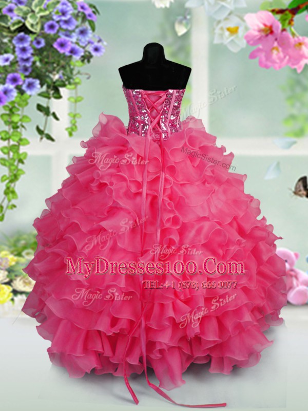 Fabulous Hot Pink Sweetheart Lace Up Ruffled Layers and Sequins Girls Pageant Dresses Sleeveless