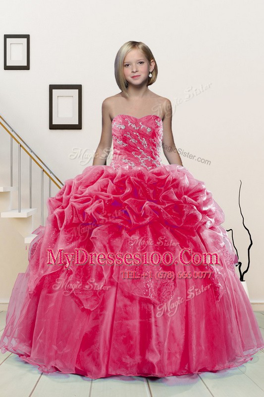 Excellent Hot Pink Organza Lace Up Flower Girl Dresses Sleeveless Floor Length Beading and Pick Ups
