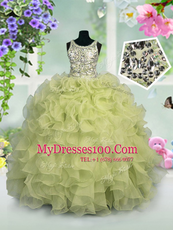 Top Selling Scoop Floor Length Light Yellow Pageant Gowns For Girls Organza Sleeveless Ruffles and Sequins