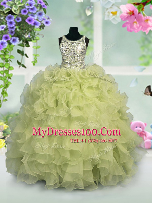 Top Selling Scoop Floor Length Light Yellow Pageant Gowns For Girls Organza Sleeveless Ruffles and Sequins