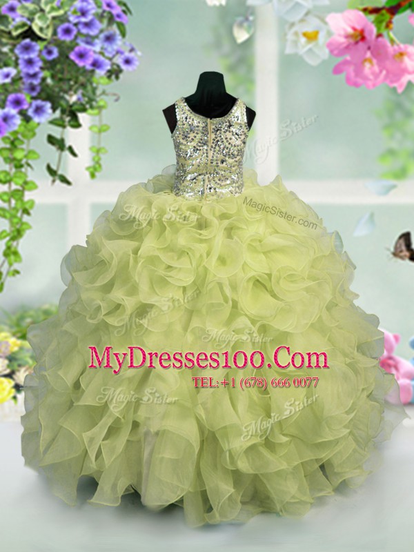 Top Selling Scoop Floor Length Light Yellow Pageant Gowns For Girls Organza Sleeveless Ruffles and Sequins