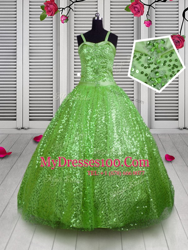 Apple Green Straps Neckline Beading and Sequins Flower Girl Dresses Sleeveless Lace Up