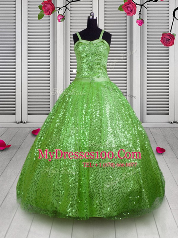 Apple Green Straps Neckline Beading and Sequins Flower Girl Dresses Sleeveless Lace Up