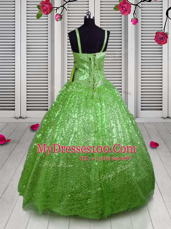 Apple Green Straps Neckline Beading and Sequins Flower Girl Dresses Sleeveless Lace Up