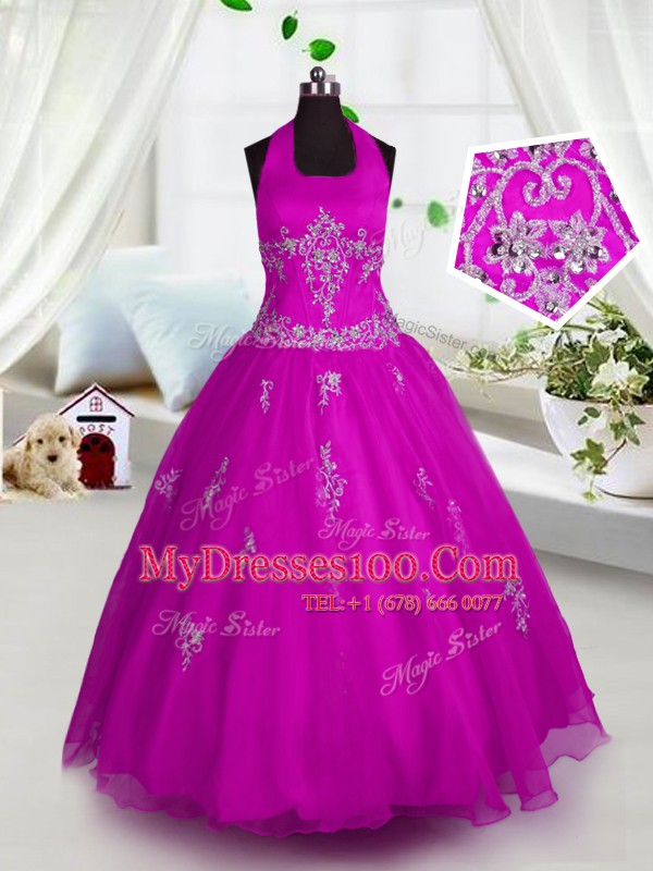 Tulle Halter Top Sleeveless Lace Up Appliques Flower Girl Dresses for Less in Fuchsia