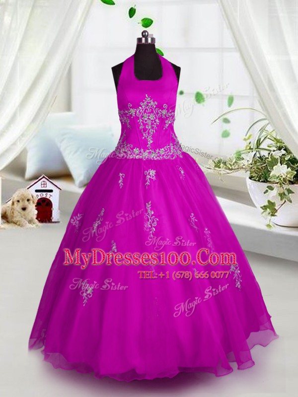Tulle Halter Top Sleeveless Lace Up Appliques Flower Girl Dresses for Less in Fuchsia