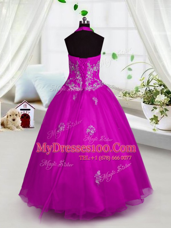 Tulle Halter Top Sleeveless Lace Up Appliques Flower Girl Dresses for Less in Fuchsia
