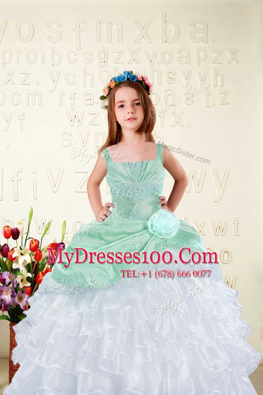 Custom Designed White Ball Gowns Organza Square Sleeveless Beading and Ruffles Floor Length Lace Up Girls Pageant Dresses