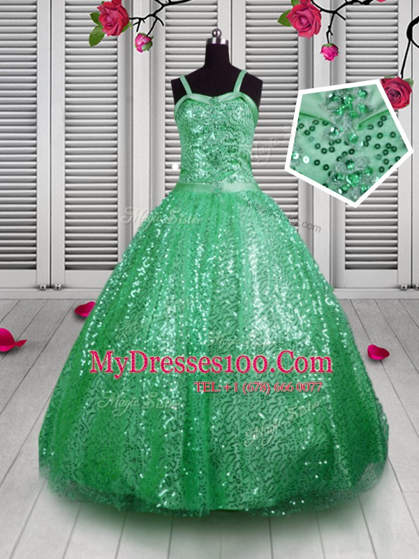 Hot Sale Sequins Straps Sleeveless Lace Up Girls Pageant Dresses Green Sequined